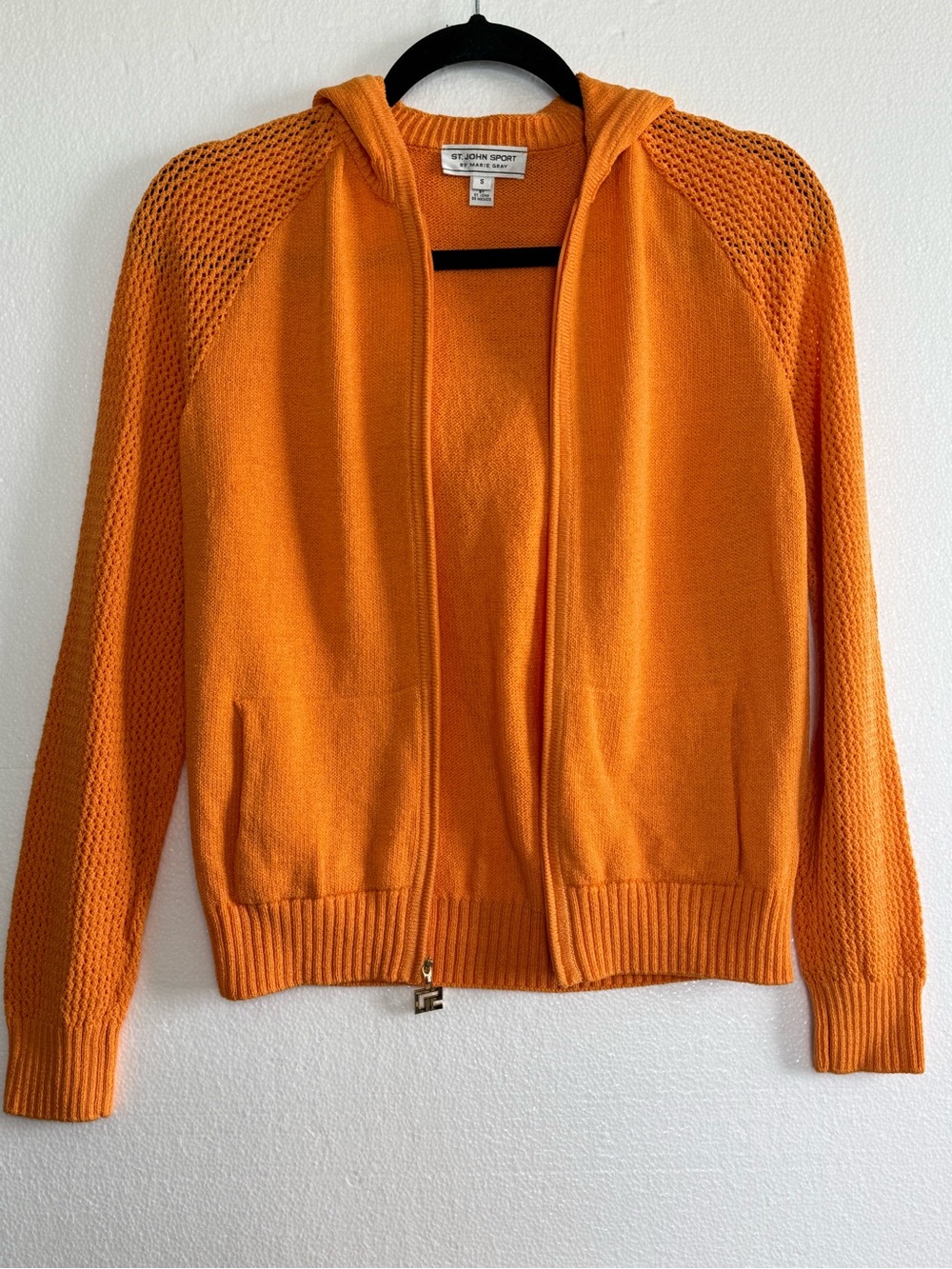 St. John Sport Marie Gray Orange Wool Blend Knit Y2K Hoodie Zip Jacket Size S